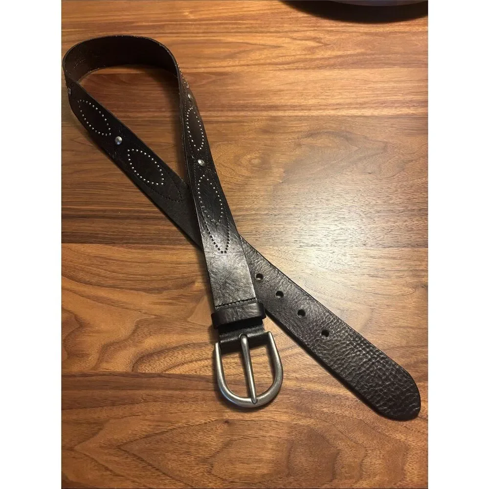 Fossil Embossed Black Leather Belt with Metal Buckle and Metal detail - Large